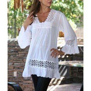 SR Fashions Peasant Tunic Blouse with Crochet Detailing - XL